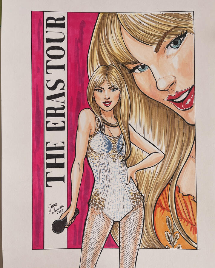 Stylized traditional marker caricature of Taylor Swift by Juan Da Corte